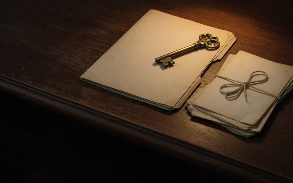Chave antiga de latão sobre uma pasta de documentos ao lado de papéis amarrados com barbante, simbolizando o processo de inventário