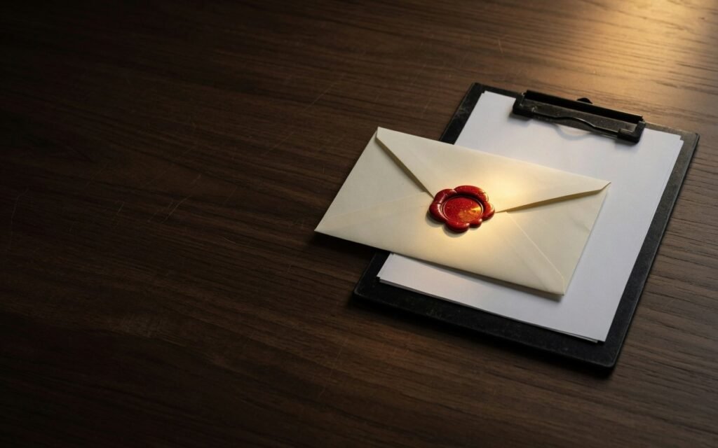 Envelope lacrado com selo de cera vermelho sobre prancheta, simbolizando a notificação de processo administrativo sancionador