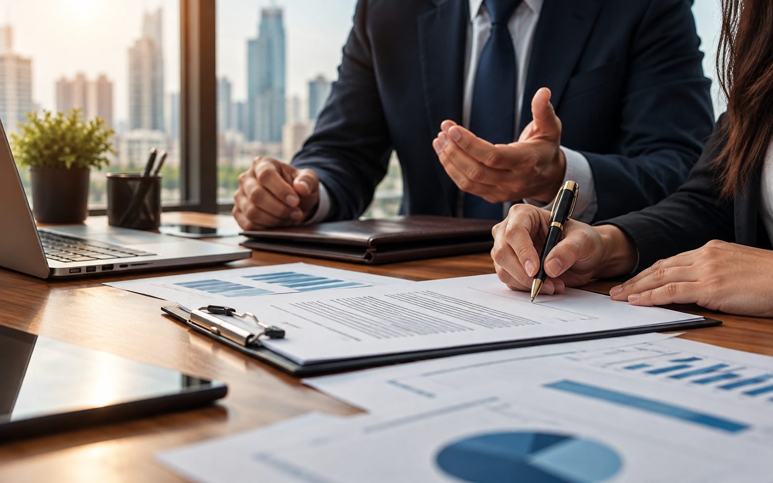 Duas pessoas revisando contrato empresarial em mesa de reunião, com relatórios impressos