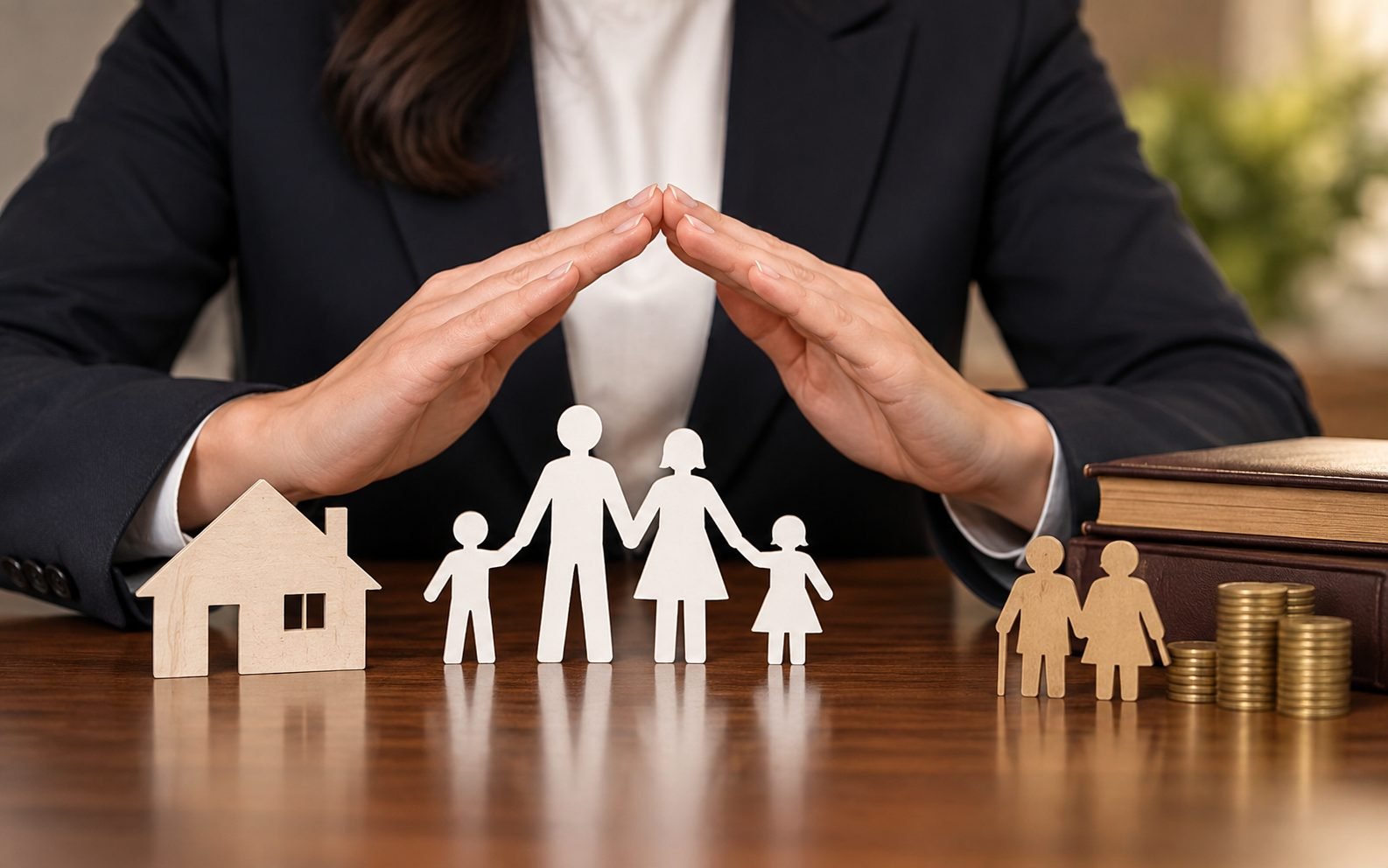 Recortes de madeira representando uma família e uma casa sobre mesa de escritório