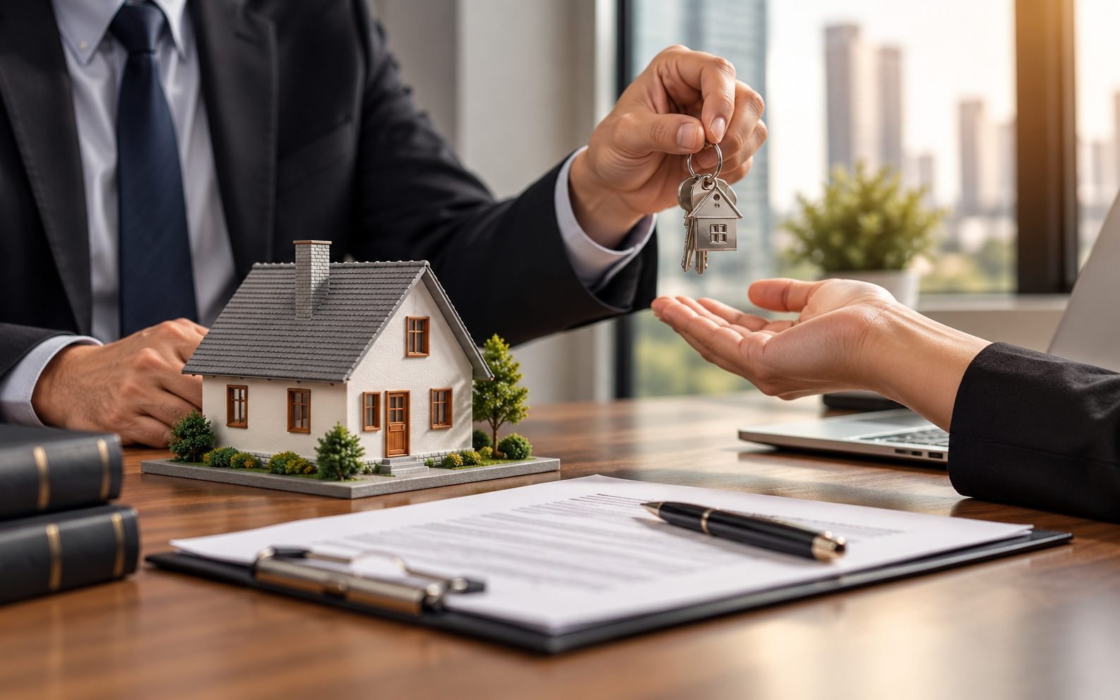 Entrega de chave de imóvel sobre contrato de compra e venda, com maquete de casa na mesa