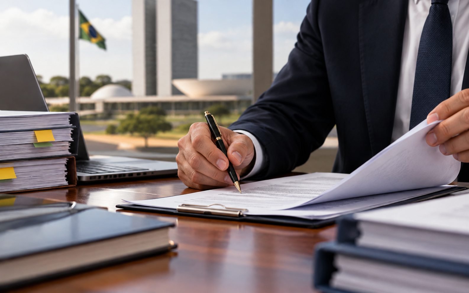 Advogado revisando documento de licitação em mesa de escritório, com prédio da administração pública ao fundo