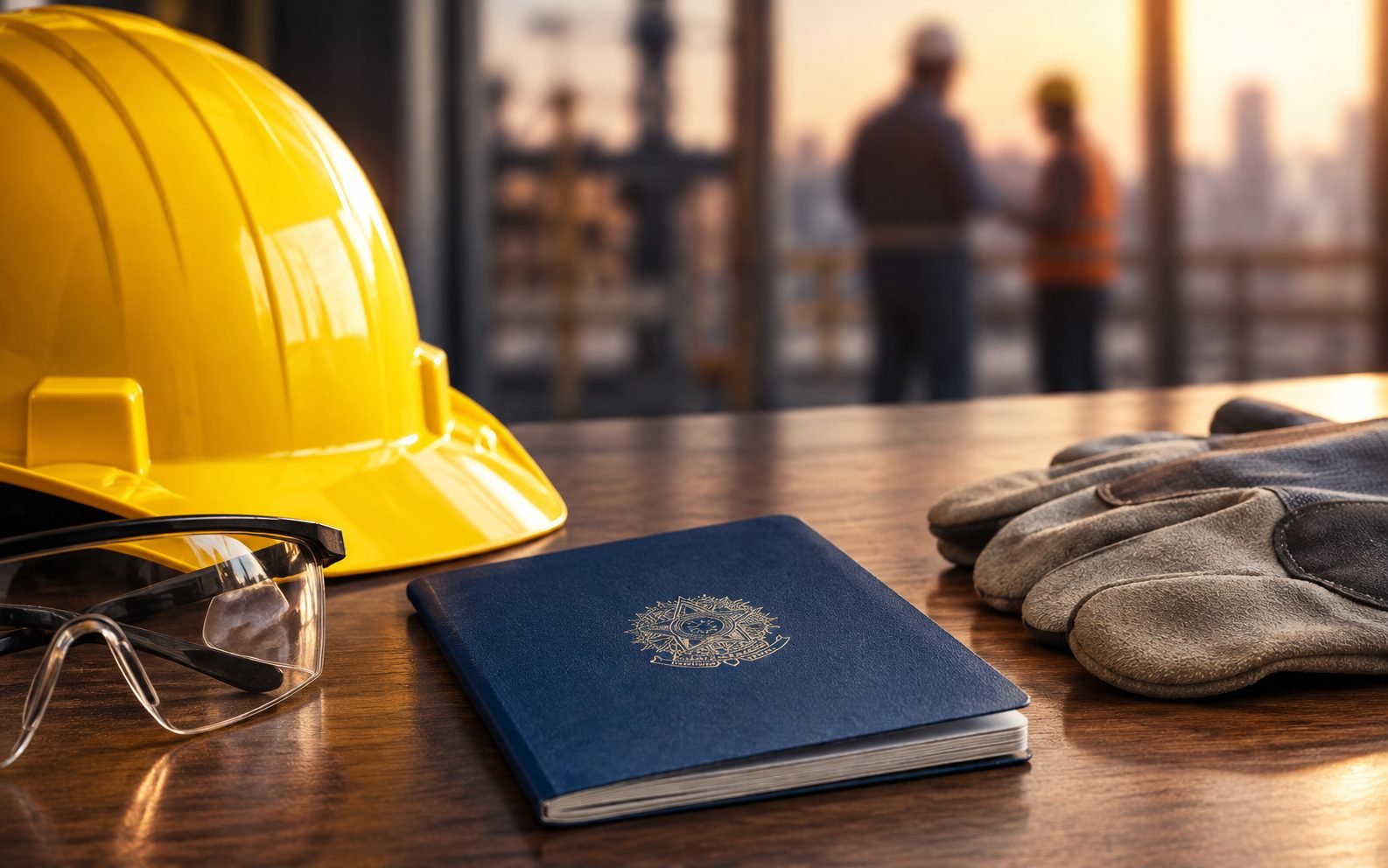 Carteira de trabalho sobre mesa, ao lado de capacete, luvas e óculos de proteção